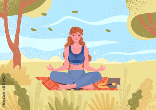 Meditating in park. Woman in lotus position in nature. Young girl doing yoga. Attention and concentration, inner peace and balance. Active lifestyle and sports. Cartoon flat vector illustration