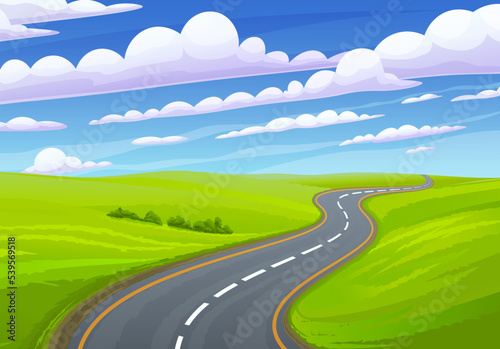 Greenery of nature,scenery with clear sky with shining sun, summer adventures trip on path highway. Road going to nature, way to vacations, traveling place. Asphalt highway on landscape background photo
