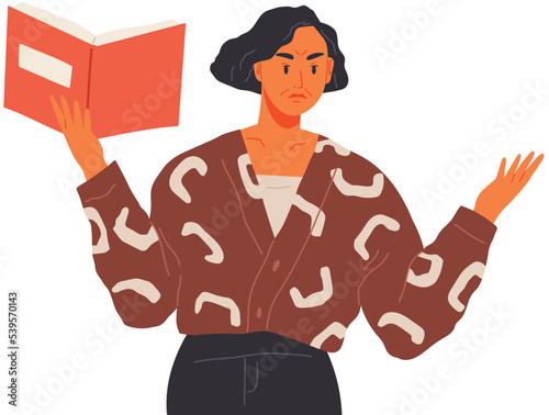 Cartoon teacher looking angry, grumpy woman stands isolated on white holding book in her hand. Strict female character makes someone read, holding an open textbook and making gesture of indignation