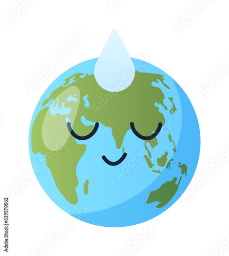 Globe with water drop. Motivational poster or banner. Caring for ecology, nature and environment. Responsible and ecofriendly society. Fighting drought and warming. Cartoon flat vector illustration