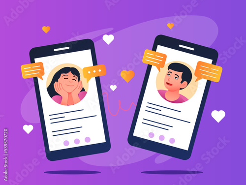 Social media dating app. Modern technologies and digital world, gadgets and devices. Communication on Internet, chatting in messengers. Poster or banner for website. Cartoon flat vector illustration