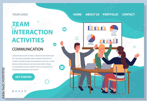 Team interaction activities website template. Happy people sitting by table and raising hands. Teamwork, discussion and brainstorming concept. Colleagues relax and have fun during work with statistics