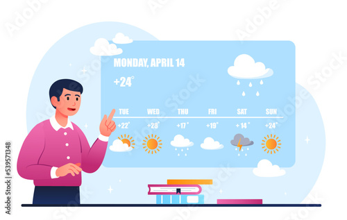 Weather forecast concept. Man on background of graphs and charts. Meteorology, specialist hosts show. Mass media, information and knowledge. Nature and environment. Cartoon flat vector illustration