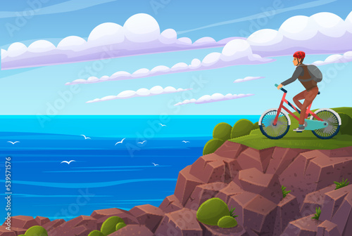 Biker in protective helmet on edge of cliff. Man with bicycle on mountain hill. Hobby of personage active lifestyle concept. Guy tourist admiring sea view, nature landscape. Person traveling by bike