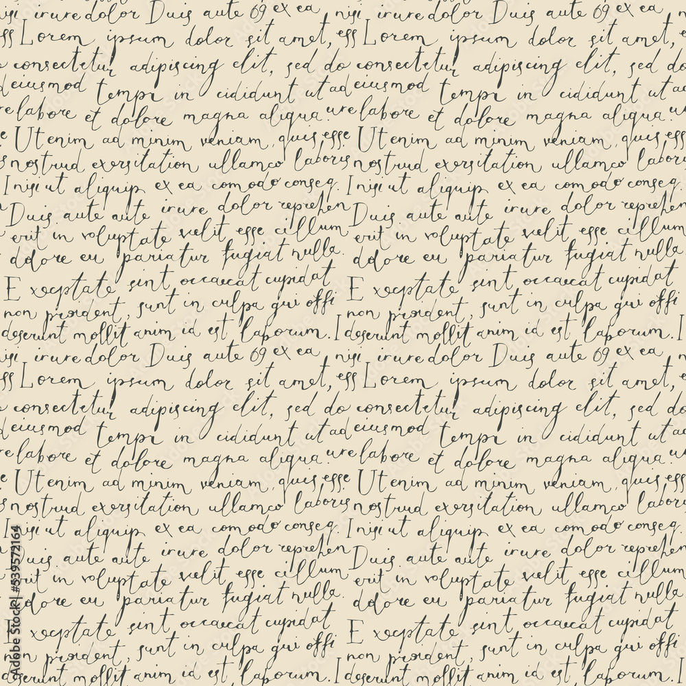 Vector seamless pattern with handwritten text on the old paper backdrop. Lorem Ipsum. Decorative repeatable background in retro style. Suitable for Wallpaper, wrapping paper, fabric, textile