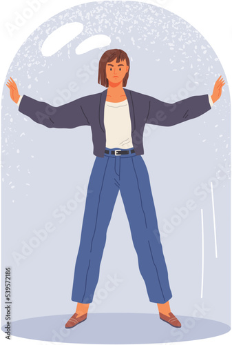 Female restrictions, young woman stands under glass jar. Character is getting out of confined space. Concept of freedom, mental rehabilitation and opening up new opportunities for personal development