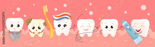 Cute tooth hygiene poster. Funny teeth with toothpaste, toothbrush and floss. Oral care and caries prevention. Daily dental routine. Cleansing and removing microbes. Cartoon flat vector illustration