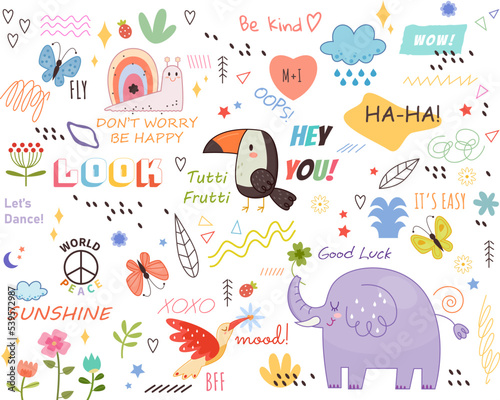 Fototapeta Naklejka Na Ścianę i Meble -  Cute childish pattern. Collection of positive hand drawn phrases, quotes, animals, plants and decorative elements. Prints for clothes in doodle style. Cartoon flat vector set isolated on white