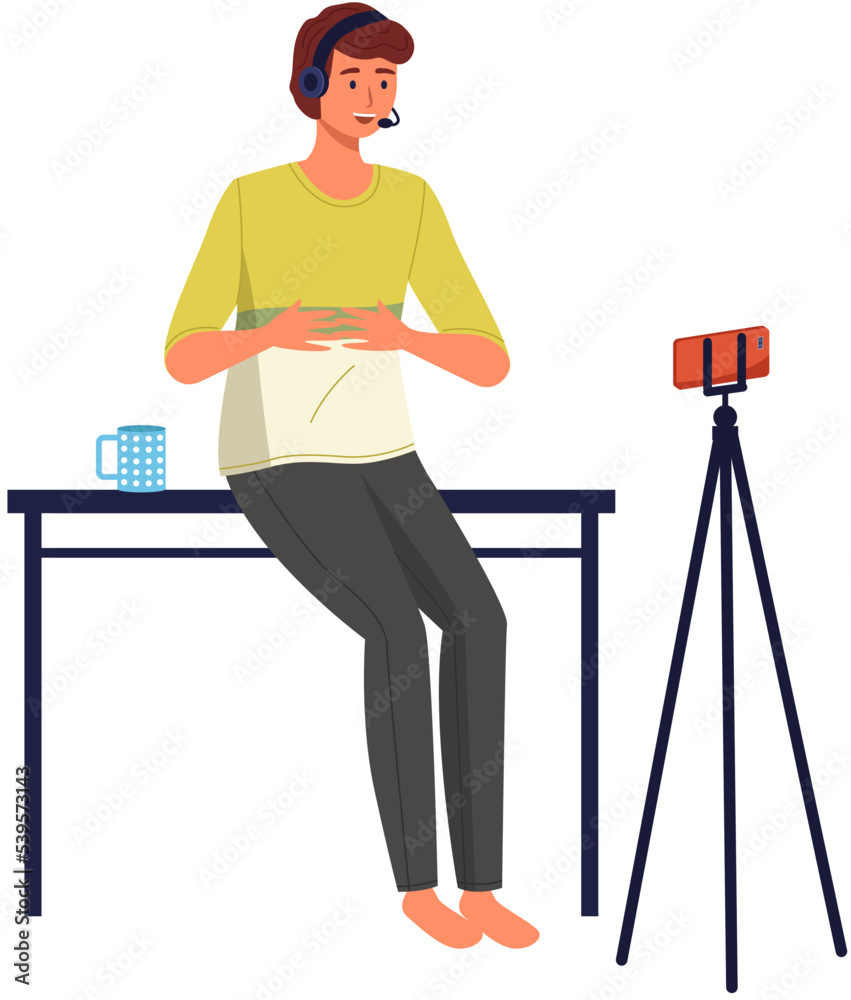 Phone on tripod. People broadcasting, stream on smartphone. Live streaming. Video blog recording, male blogger using mobile and tripod stand. Illustration of making videos for social media publishing