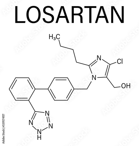 Losartan hypertension drug molecule. Skeletal formula.