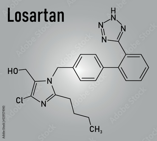 Losartan hypertension drug molecule. Skeletal formula.