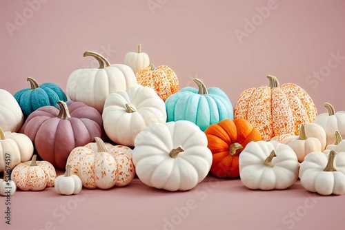 Closeup of bunch of colorful pumpkins in pink background