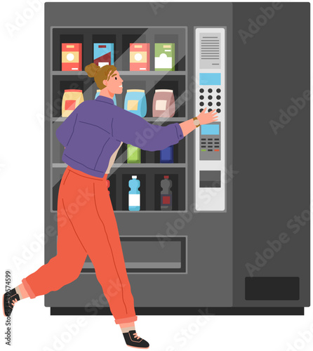 Woman buying snack and beverage at vending machine with drinks, flat style vector illustration. Girl choosing and paying junk food or sweet isolated. Female use modern self service interactive kiosk