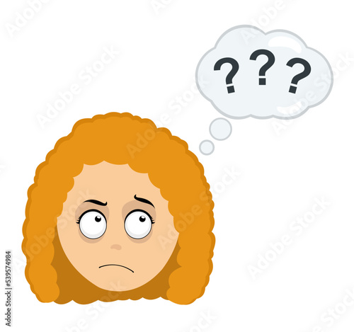 Vector illustration of a cartoon woman face with a thinking or doubt expression, with a thought cloud with question marks