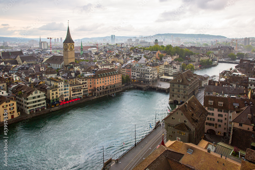 high angle ariel view of the Zurich city and river, Switzerland -- as seen from the Grossmunster church