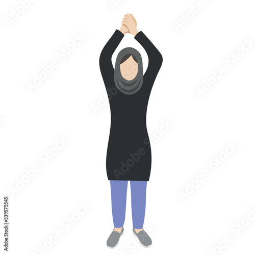 Portrait of a woman in a headscarf with her hands raised above her head, flat vector, isolate on a white background, faceless illustration, muslim woman, woman protests