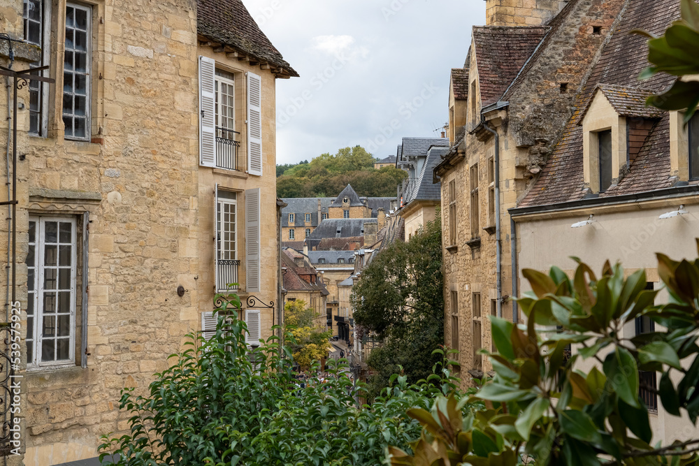 scenic view along a street in a medieval French town