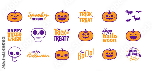 Set of Halloween icons. Vector illustration. Carved pumpkins, skulls and bats. Trick or treat spooky design.