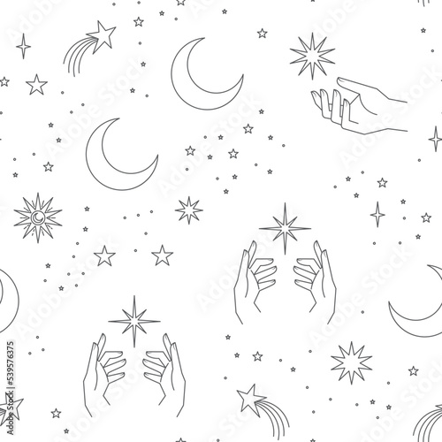 Seamless pattern with constellations. Sun, moon, magic hands and stars. Mystical esoteric background for design. Astrology magical vector.