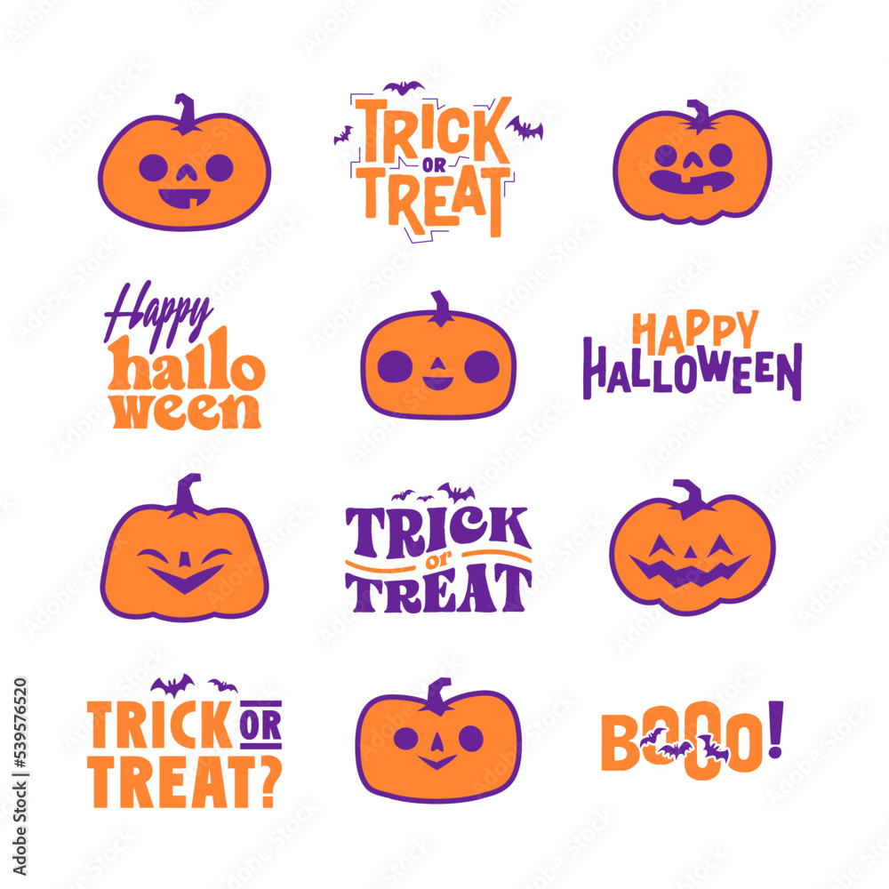 Halloween graphic elements with carved pumpkins and bats. Trick or treat, Boo and spooky designs. Halloween decoration. Halloween graphic elements with carved pumpkins and bats. Trick or treat, Boo and spooky designs. Halloween decoration.
