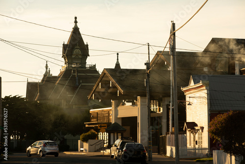 Sunset skyline view of the historic architecture in the downtown core of Eureka  California  USA.
