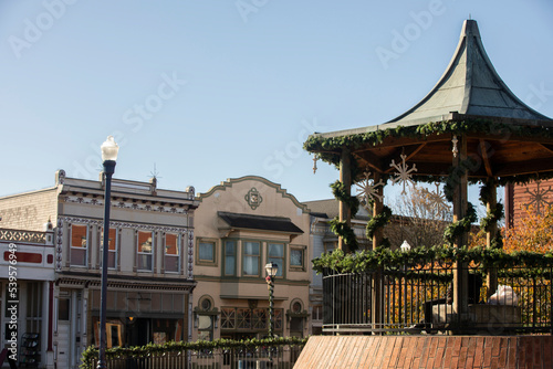 Morning sunlight shines on the historic Victorian architecture of downtown Eureka, California, USA.
