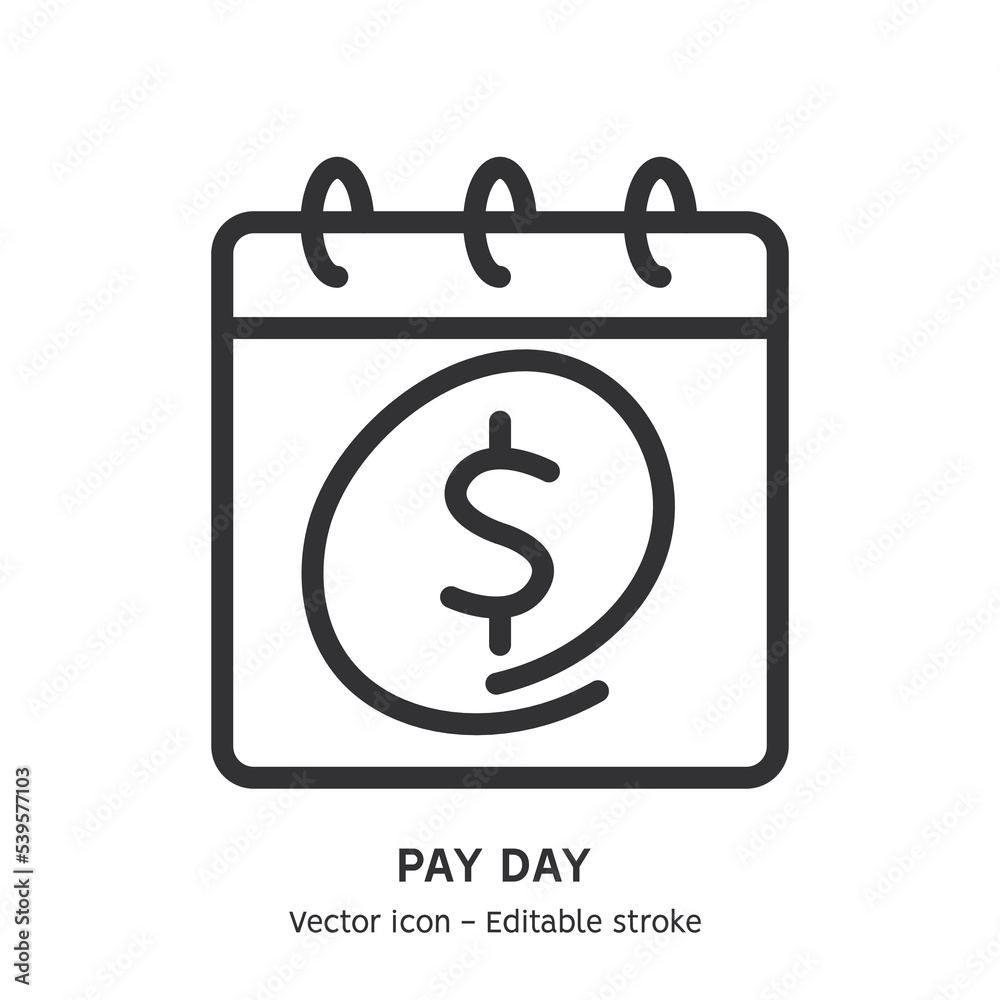 Pay day line icon. Payment date with calendar, salary payment, personal and family budget, cash back. Flat outline icon. Editable stroke Pay day line icon. Payment date with calendar, salary payment, personal and family budget, cash back. Flat outline icon. Editable stroke