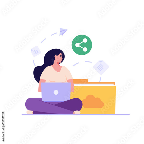 Share file concept. Woman sharing file. Data transfer, transfer of documentation, cloud service, file management, electronic document management. Vector illustration in flat design