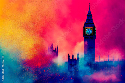 BigBen of london in a dynamic explosion of multicolored powder, 3d illustration