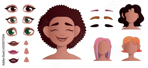 Female face construction with different head parts on white background