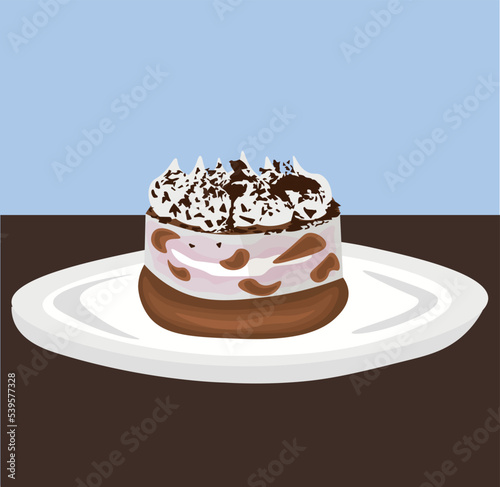 Plate with sweet tiramisu dessert on color background