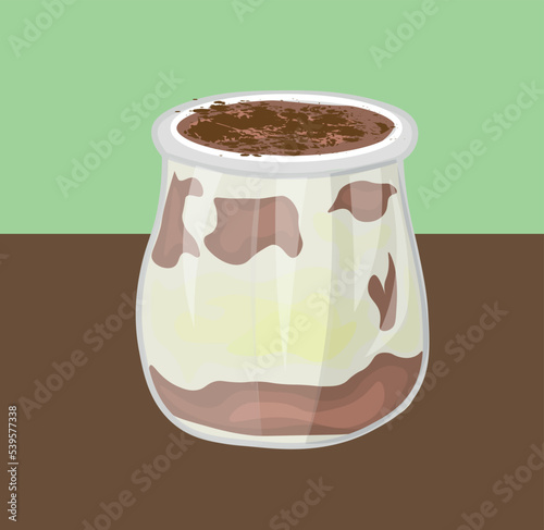 Glass jar with sweet tiramisu dessert on color background