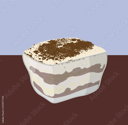Glass bowl with sweet tiramisu dessert on color background