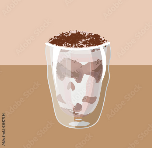 Glass with sweet tiramisu dessert on color background