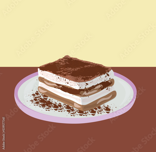Plate with sweet tiramisu dessert on color background