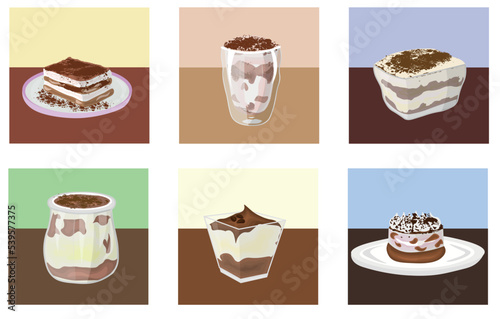 Set of sweet tiramisu dessert on white background