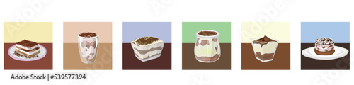 Set of sweet tiramisu dessert on white background