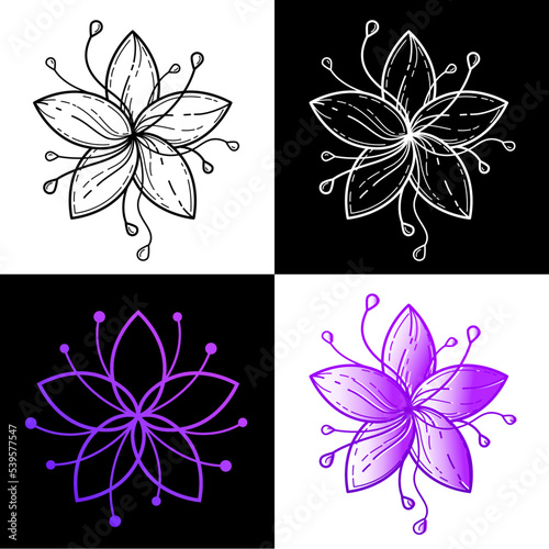 Set of 5 petal flower icons. Line, flat and gradient style. Black and white, purple colors. Vector art for fashion, beauty, spa, floral store brand identity, coloring book, design element