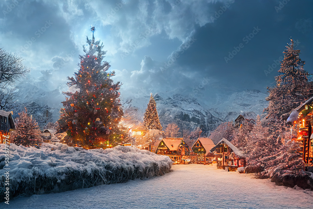 Fototapeta premium Santa's village hidden behind the mountains surrounded by Christmas trees and snow. Digital matte painting.