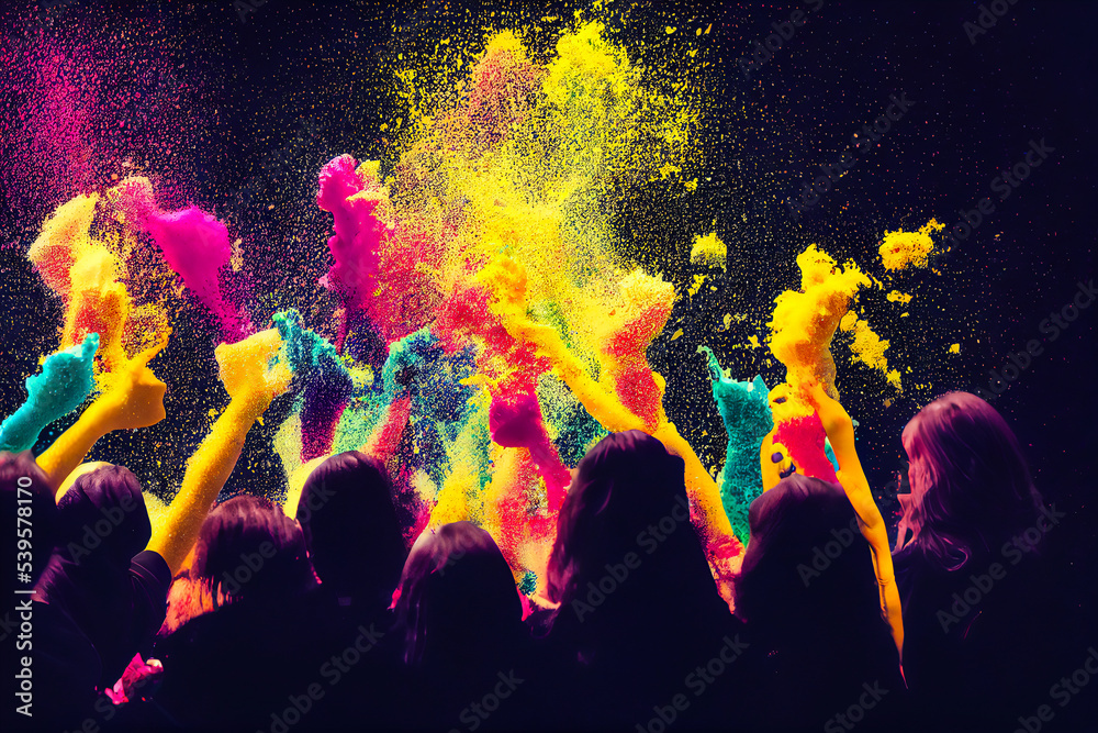 Group of people in the form of a silhouette, standing together, watching an explosion of multicolored powder. 3d illustration.