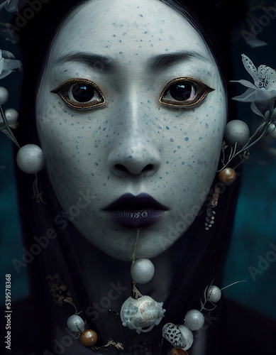 Asian woman with fancy facepaint, AI generated