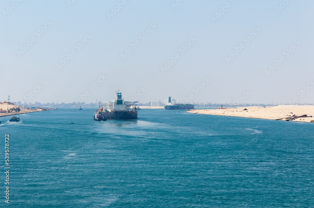 Convoy of vessels transiting through the Suez Canal, North bound.