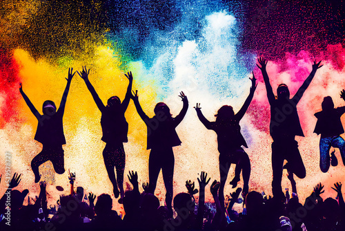 Group of people jumping in the air. Explosion of multicolored powder. Joy of working together. Illustration 3d.