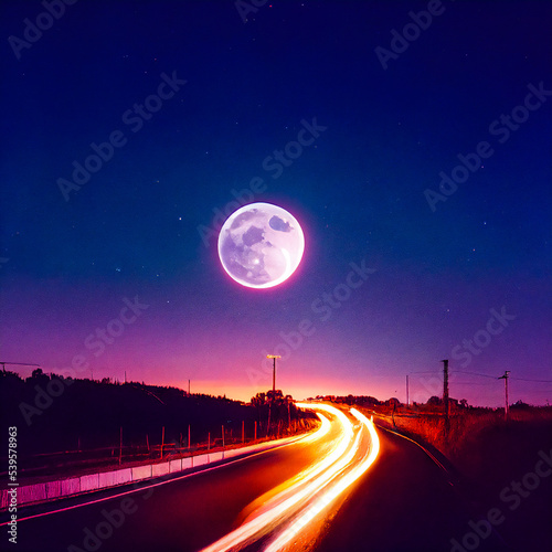 Long pose of a road under the full moon