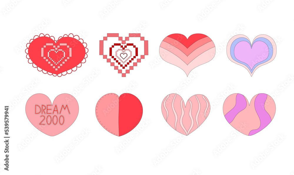 Set of y2k-style hearts stickers, 2000s. Atmospheric elements glamor retro elements. Vector illustration in flat style