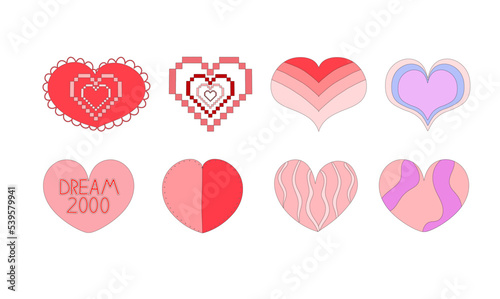Set of y2k-style hearts stickers, 2000s. Atmospheric elements glamor retro elements. Vector illustration in flat style