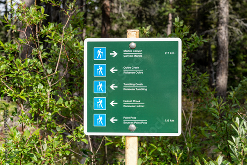 Hiking direction sign in Kootenay National Park, giving tourists information on trail distances photo