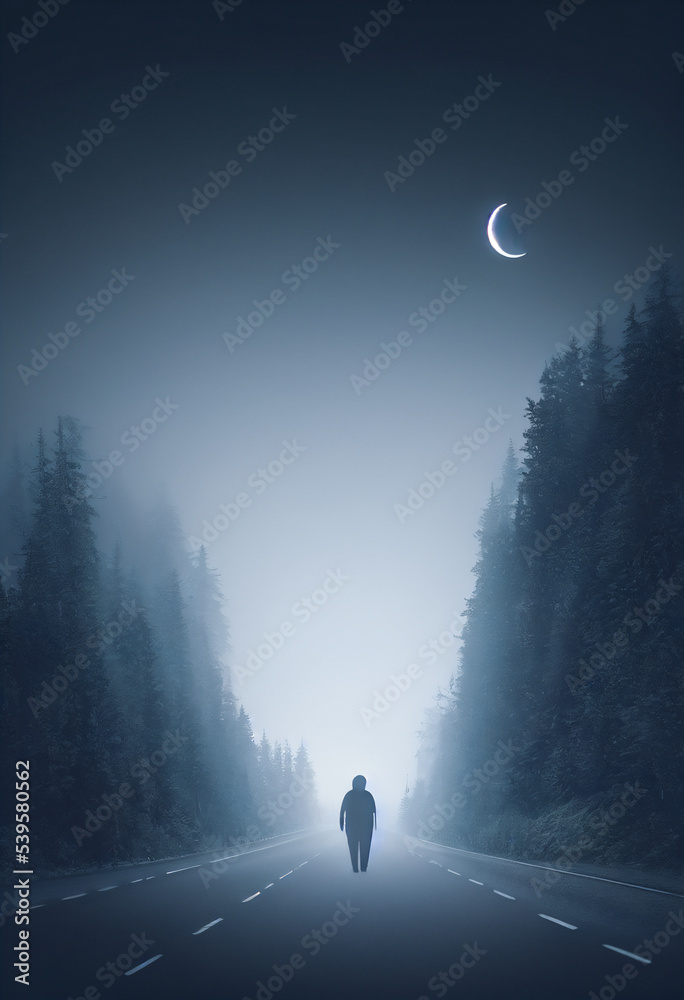 Silhouette of a lone man walking on a road at night under the light of ...