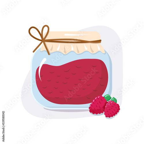 Glass jar with homemade raspberry jam. Grandmother's berry jam. Conservation. Isolated illustration. Vector illustration