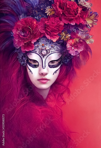 Portrait of a woman in carnival mask, flowers, rococo style, flower punk, gradient background, digital illustration with vibrant red colour tones. Created with generative ai technology